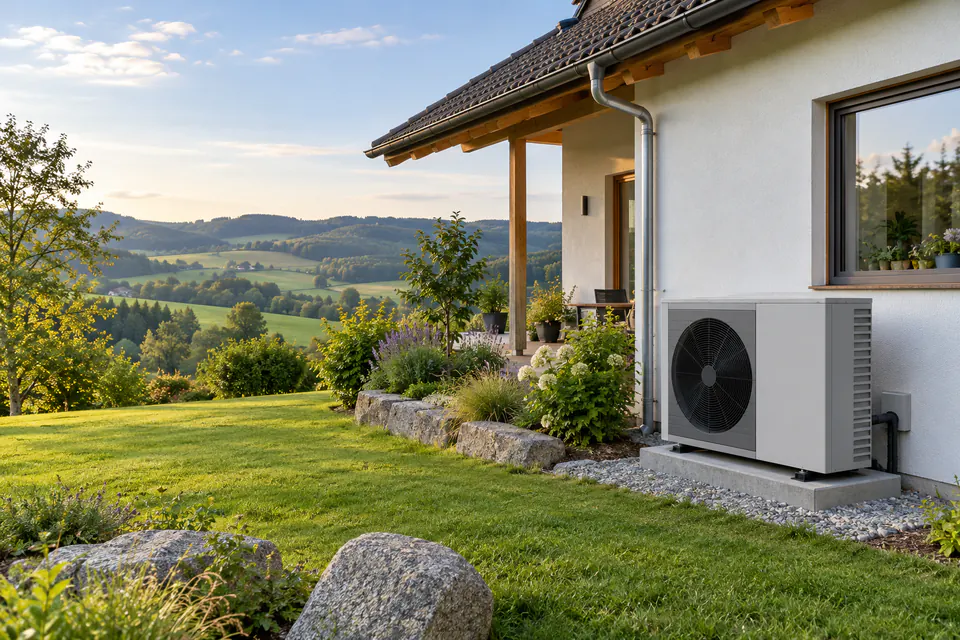Wohnhaus in Oberösterreich mit geförderter Luft-Wasser-Wärmepumpe im Garten
